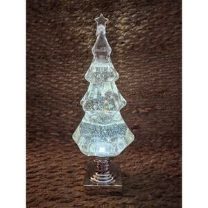 Clear Swirling Light Up Glitter Water Globe Christmas Tree Holiday Decor 14.5"